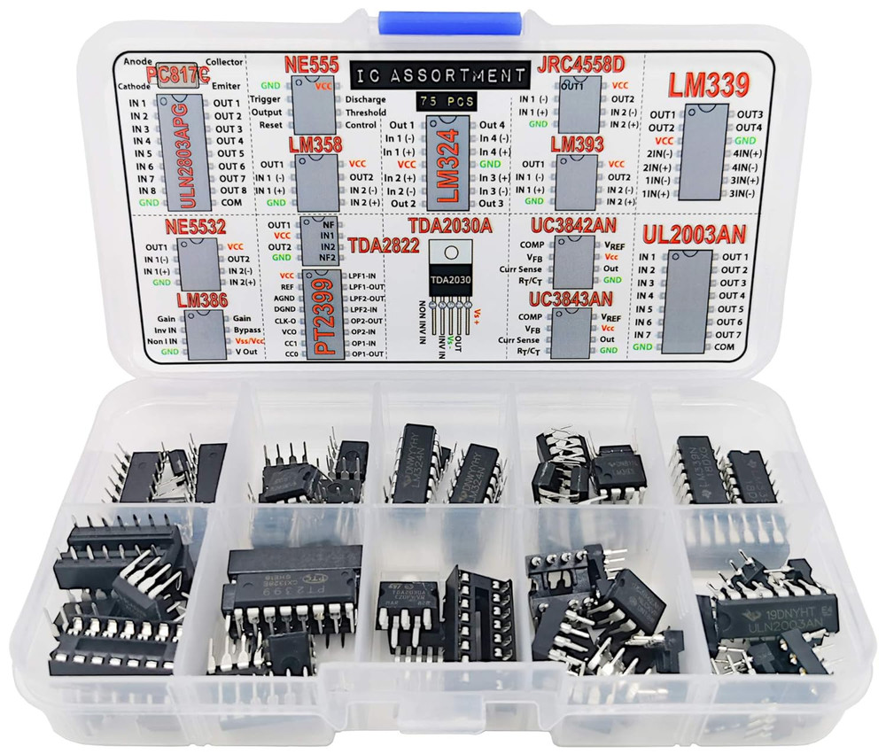 IC Assortment Box 75 Pcs, Pc817C, NE555, LM358, LM324, JRC4558D, LM393, LM339, N