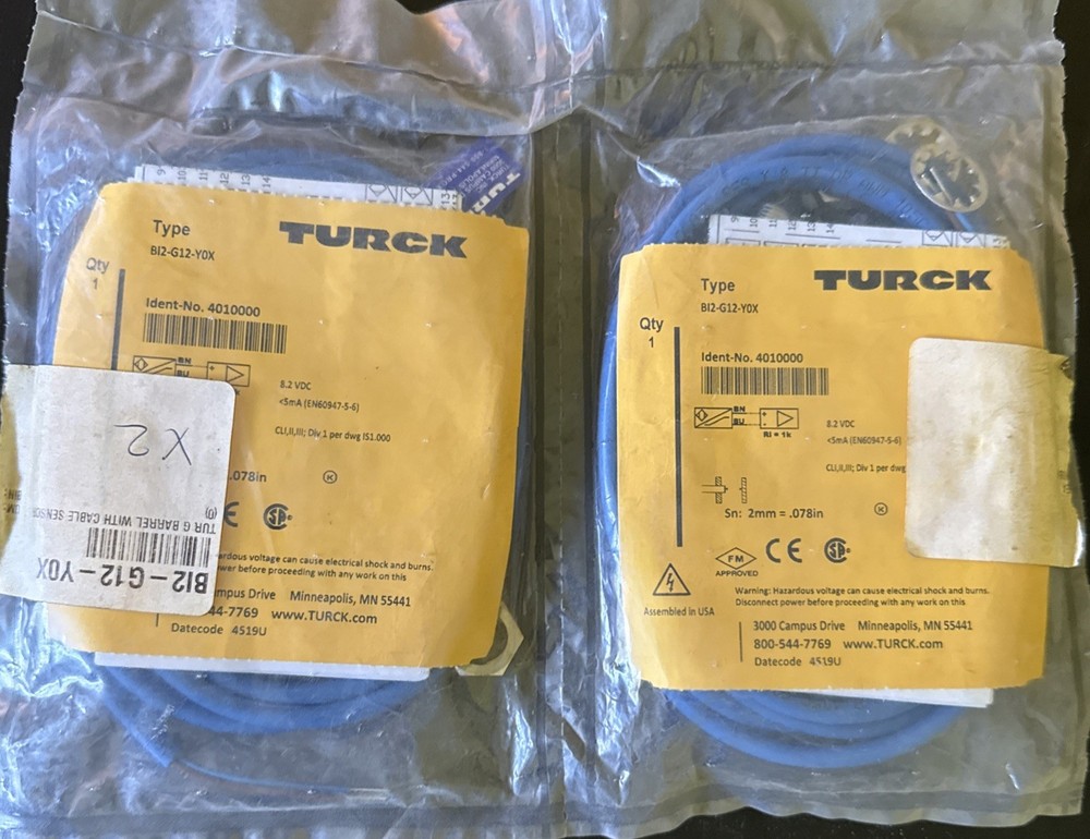 Lot x2: Turck BI2-G12-Y0 ProXimity Sensor,M12, 2mm Range, 2 Wire, NAMUR, 2m, PVC