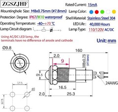UL Listed 8mm Indicator Light Waterproof IP67 Metal Stainless Steel Indicator
