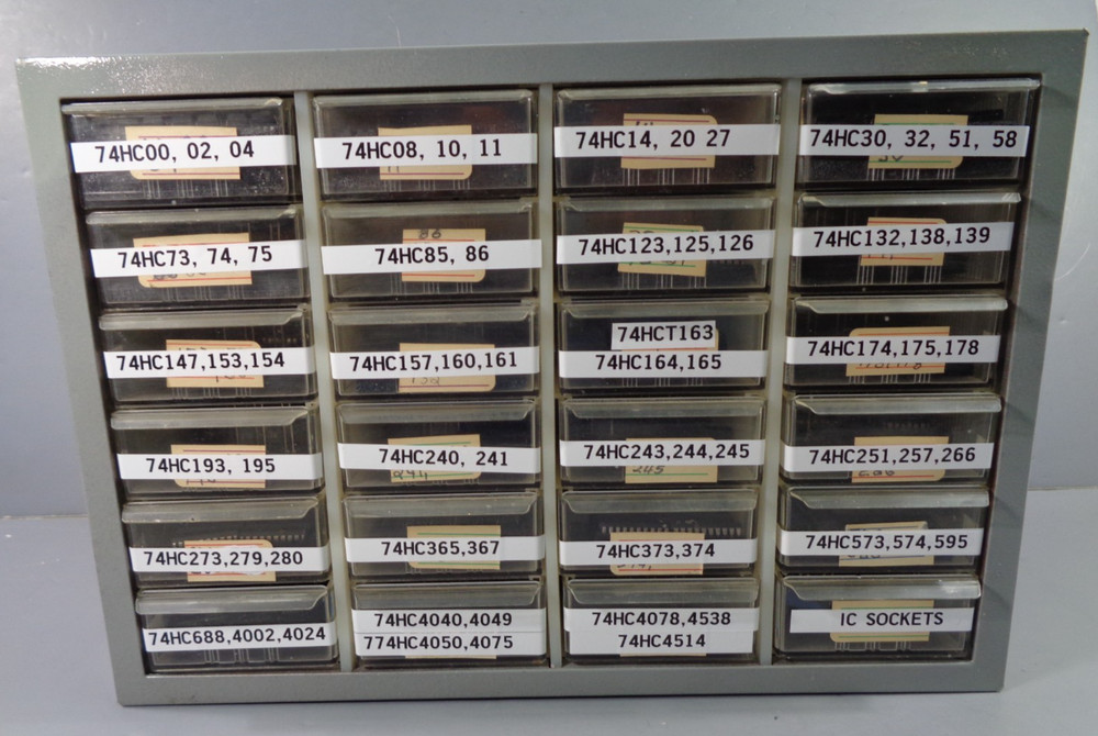 74HC series IC’s with bin, & IC Sockets, Vintage Assorted,