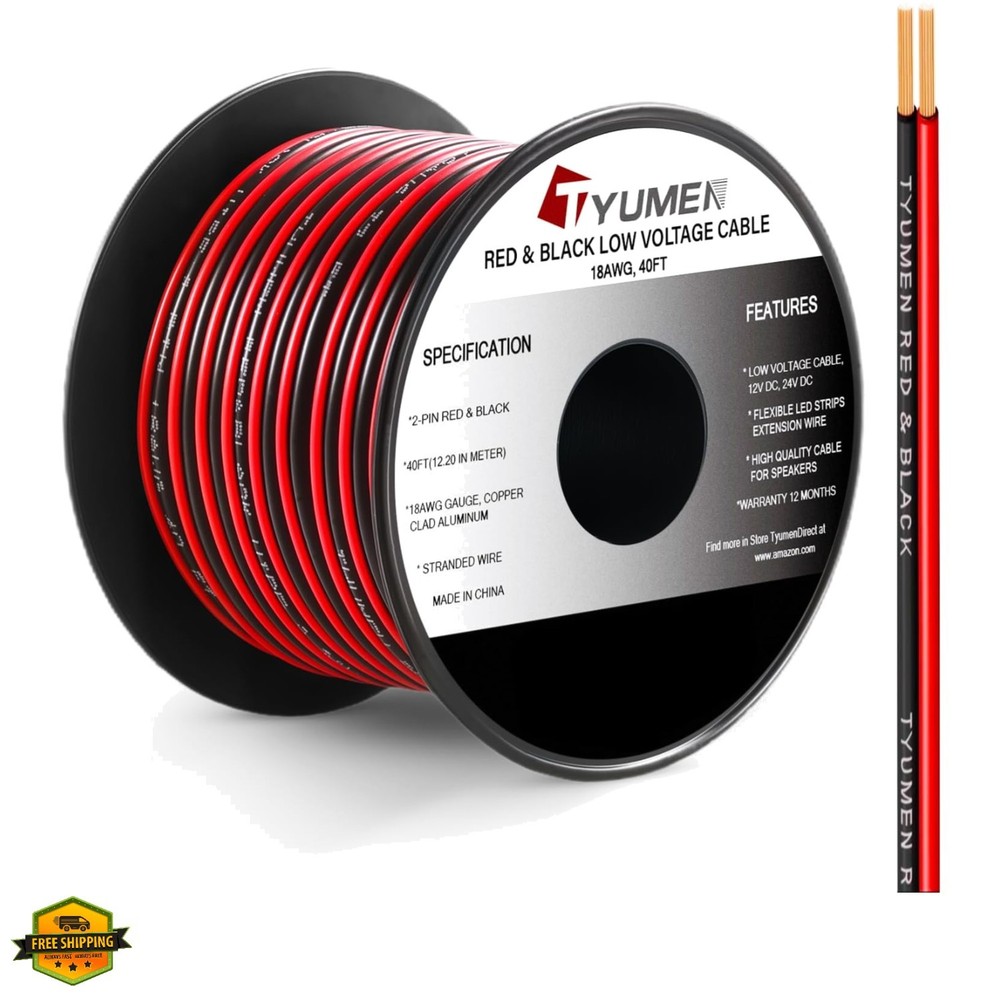 40FT 18 Gauge 2pin 2 Color Red Black Cable Hookup Electrical Wire LED Strips …