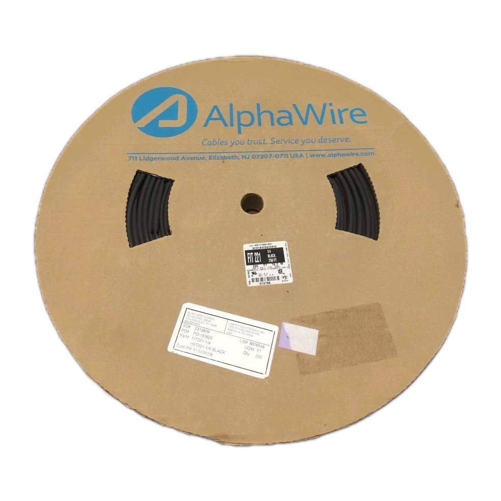 Alpha Wire FIT-221-1/4 Black 1/4in-to-1/8in 2:1 Heat Shrink Tubing 250 Ft