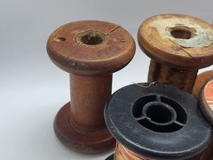 Vintage wooden spools with copper wire, 7 different pieces