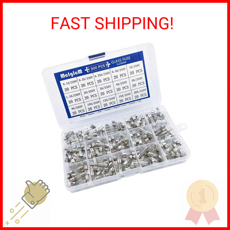 300 Pcs 15 Values 5 x 20mm Fast-Blow Glass Fuse Assortment, 250V 0.1A/ 0.25A/ 0.
