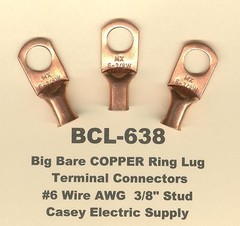 10 Bare Battery Big COPPER Ring Lug Terminal Connector #6 Wire Gauge 3/8″ Stud