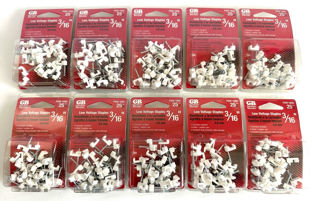LOT OF 250 GARDNER BENDER WHITE 3/16″ LOW VOLTAGE STAPLES 10 PKS OF 25 PSW-1600