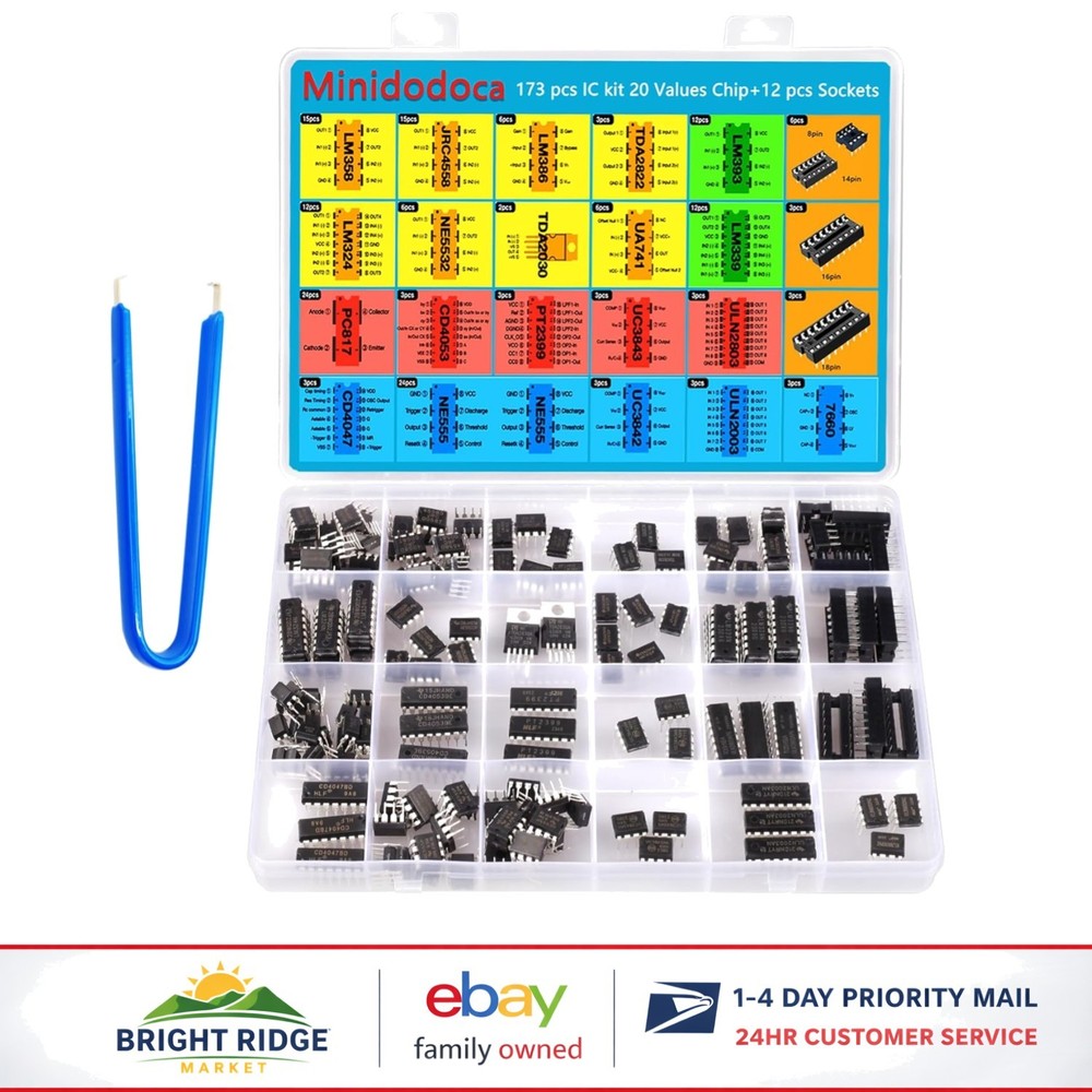 173 Piece IC Chip Assortment Kit with 12 Sockets and IC Plier for Electronics
