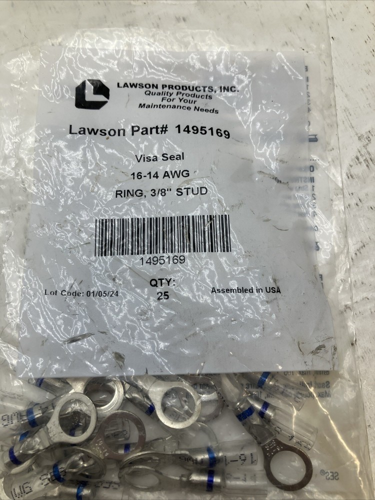 Pack of 25 – Lawson Visa Seal Wire Terminal, 1495169, 16-14 AWG, Ring, 3/8″ Stud