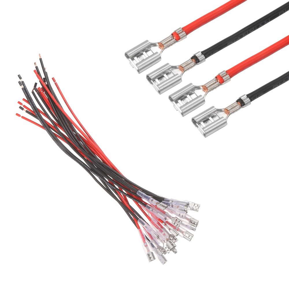 20Pcs Female Spade Crimp Terminal 6.30mm 20cm Wires, Red/Black