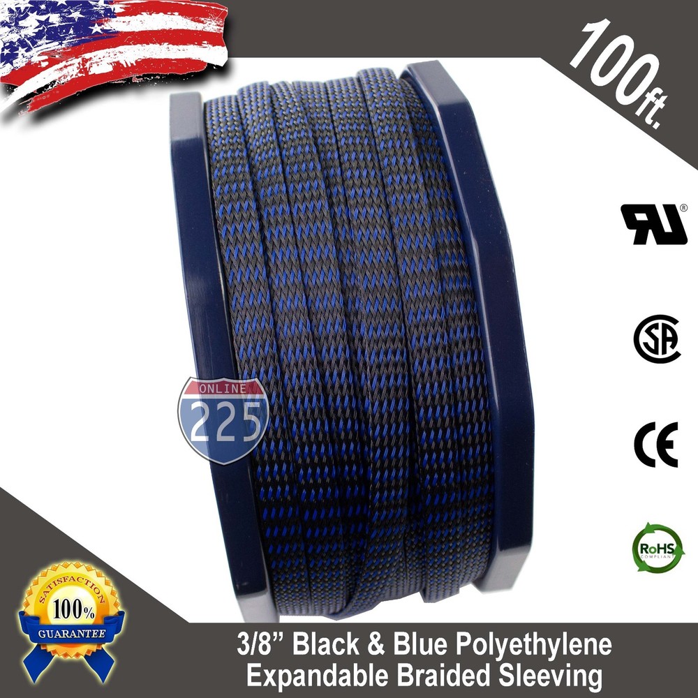 100 FT 3/8″ Black Blue Expandable Wire Sleeving Sheathing Braided Loom Tubing US