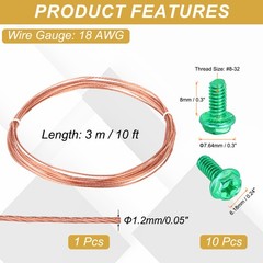 18 Gauge 10ft Bare Copper Ground Wire with 10Pcs #8-32 x 5/16″ Green Screws