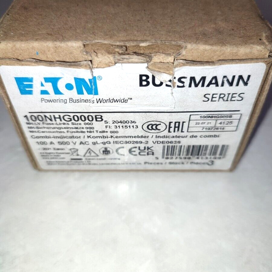 10PCS LOT- Eaton Bussmann 100NHG000B NH series low voltage Fuse, 500V/100A- NEW