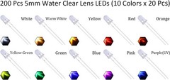 200pcs 10 Colors 5mm LED Light Emitting Diode Assorted Kit 29mm Lead Clear