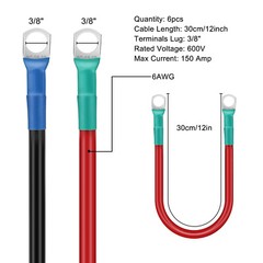 6AWG Battery Cables Set, 12V 30cm/12in w/ 3/8″ Terminals for Inverter Connection