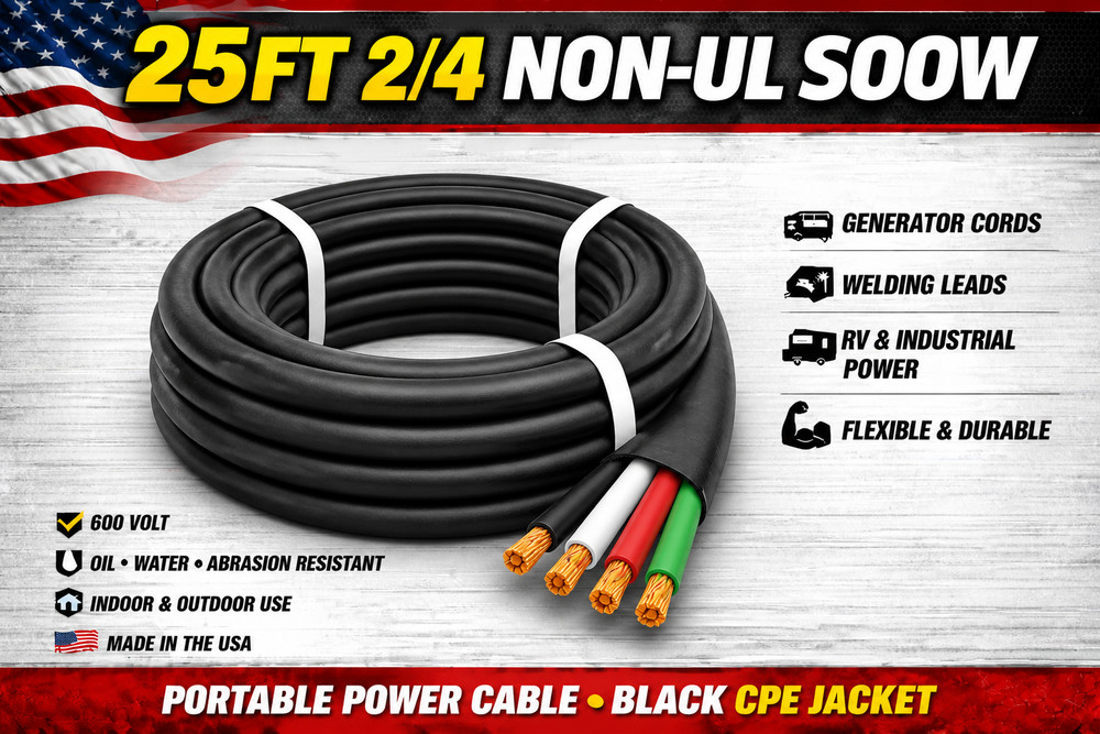 2/4 SOOW Portable Cord 25FT 600V Non UL Black Flexible Cable USA Made