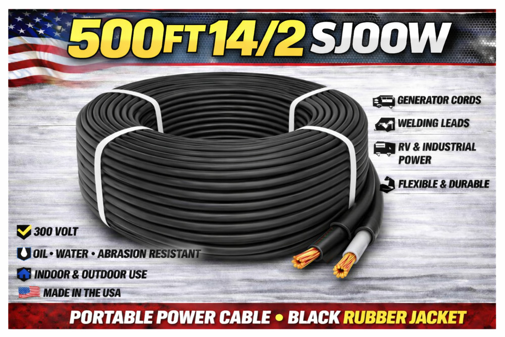 500 FT SJOOW SJ Cord 14/2 300V Indoor/Outdoor Portable Power Cable