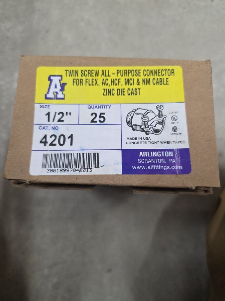 25pc,Arlington Industries 4201, 1/2″, Die-Cast, Single Cable, AC/Flex Connector
