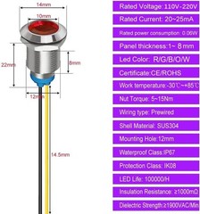 5Pcs 12mm LED Metal Indicator Light AC 110V-220V Waterproof In Color: Red 110V