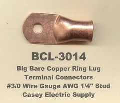 2 Bare Battery COPPER Ring Terminal Connector #3/0 Gauge Wire 1/4″ Stud USA