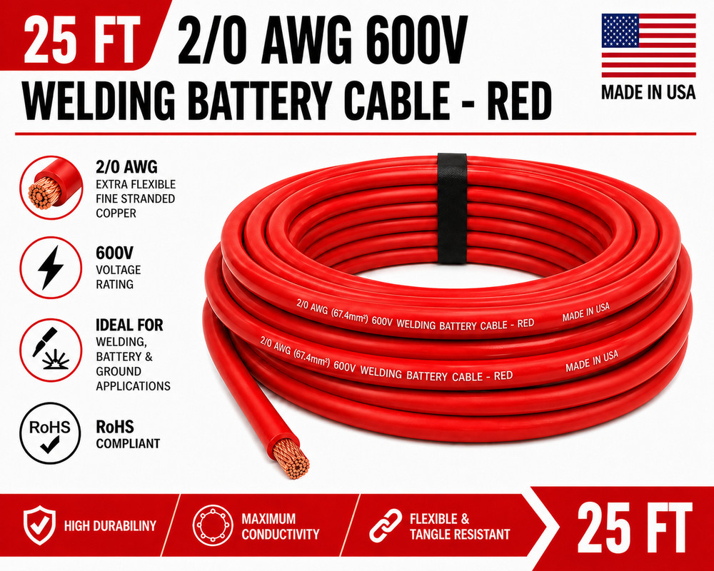 25FT 2/0 AWG 600V Welding Battery Cable – Flexible Black Copper Wire USA – Red