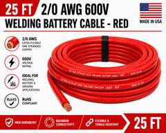 25FT 2/0 AWG 600V Welding Battery Cable – Flexible Black Copper Wire USA – Red