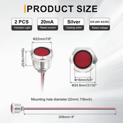 22mm 7/8 LED Indicator Light, Metal Indicator Light, Waterproof IP67, Red