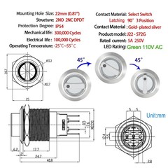 UL Listed Rotary Switch 22mm 3 Position Green LED Latching Selector Switch 110V