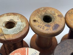 Vintage wooden spools with copper wire, 7 different pieces