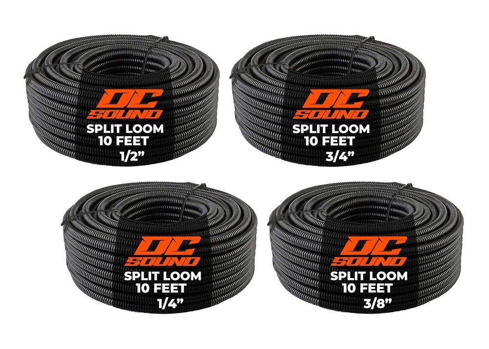 DC Sound 4-Pack 1/4″, 3/8″, 1/2″, 3/4″ x 10 Feet Each Split Wire Loom Convoluted