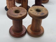 Vintage wooden spools with copper wire, 7 different pieces
