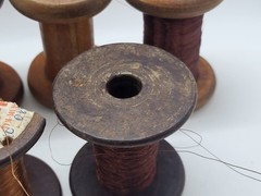 Vintage wooden spools with copper wire, 7 different pieces