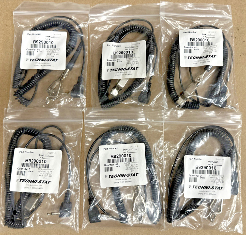 (6) Sentinel 10ft Coil Ground Cord with Large Clip and 90 Diagonal ESD Ground