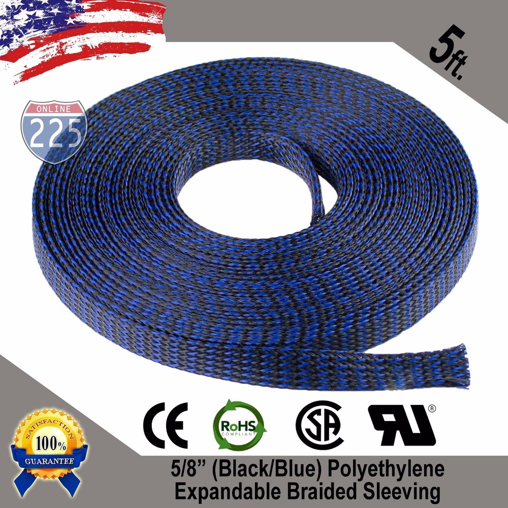 5 FT. 5/8″ Black Blue Expandable Wire Sleeving Sheathing Braided Loom Tubing US