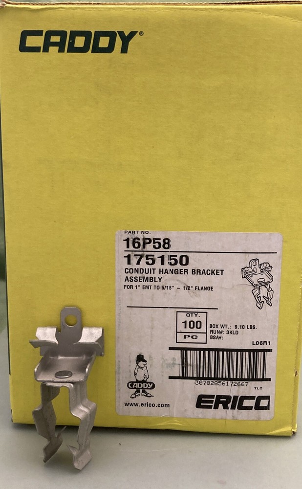 QTY 100 ERICO CADDY 16P58 1″ EMT Conduit Hanger Bracket 5/16-1/2″ Flange Box
