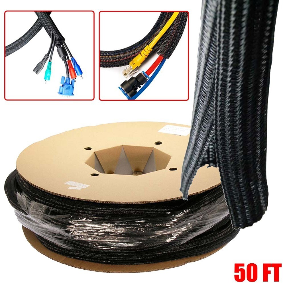 50FT 1.5″ Self Closing Cable Sleeve Wrap Sock Braided Flexible Organizer Black