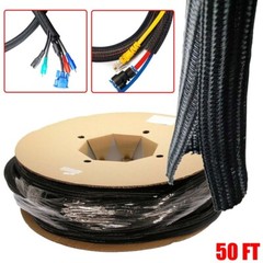 50FT 1.5″ Self Closing Cable Sleeve Wrap Sock Braided Flexible Organizer Black