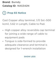 BURNDY NAS34-2N / NAS292N 1/0 sol-500 kcmil 2-Hole Substation Cu Cable to Pad