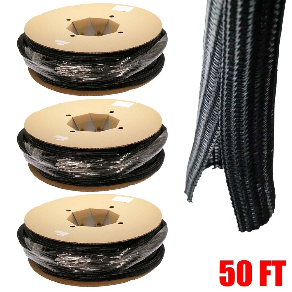 3x 50FT 1″ Self Closing Cable Sleeve Sock Wrap Braided Flexible Organizer Black