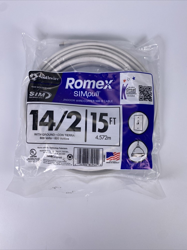 SOUTHWIRE ROMEX 15 FT. 14-2 SOLID WHITE INDOOR WHITE COPPER CABLE