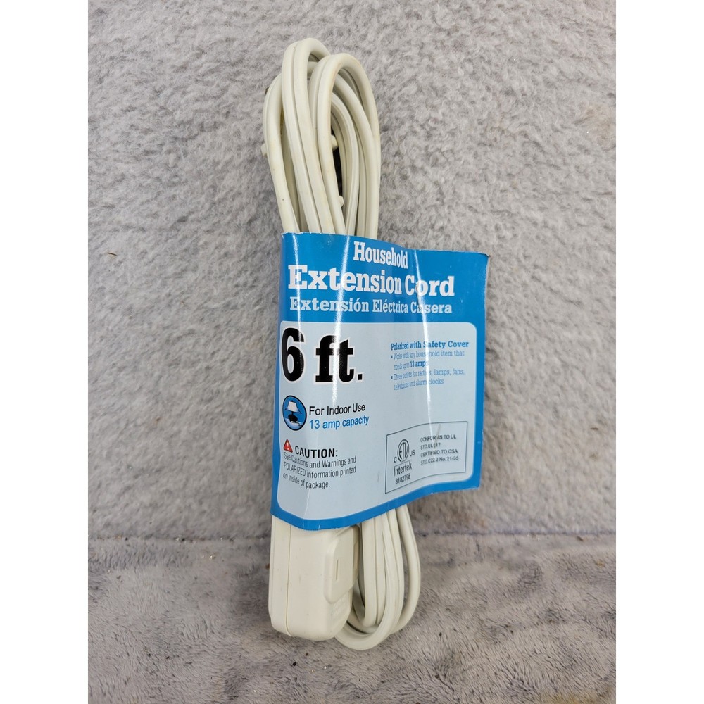 Household Extension Cord 6ft 13 Amp Capacity Indoor Use Polarized Safety Cover 3