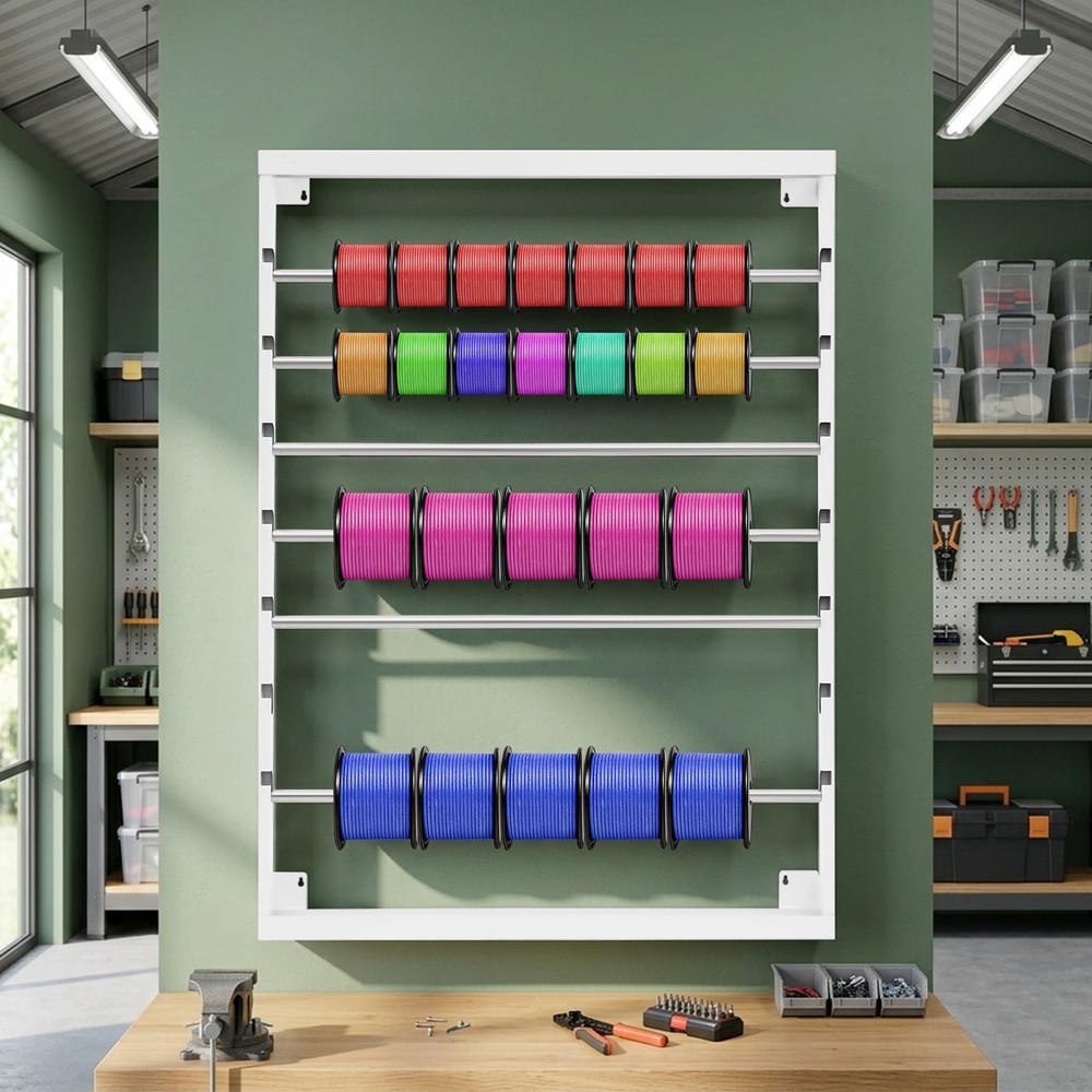 White Heavy Duty Cable Reel Holder and Dispenser With 6 Stainless Steel Rods