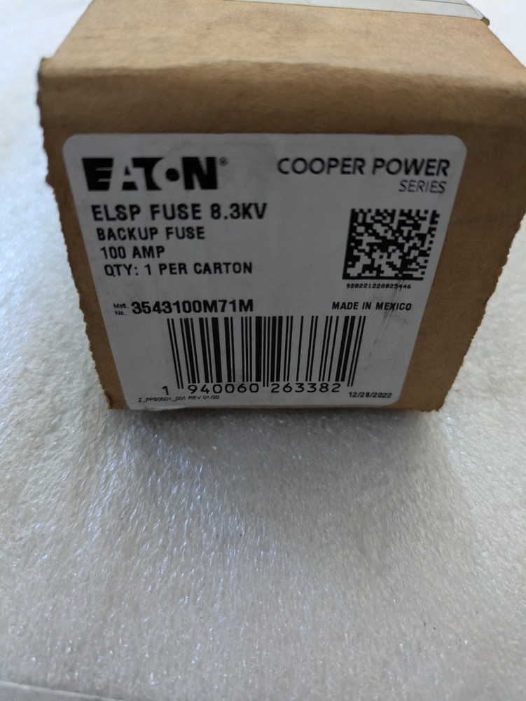 Eaton Cooper Power 3543100M71M ELSP Backup Fuse 100A 8.3KV Medium Voltage Power