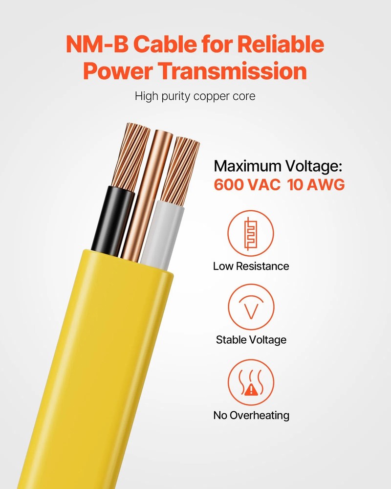 NM-B Wire, 10AWG/2C Non-Mettalic Residential Indoor Electrical Wire with Ground,