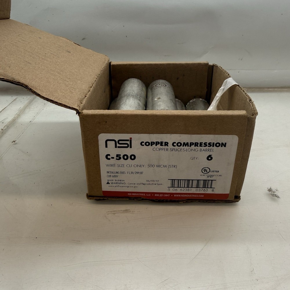 NSI Industries C-500 500 MCM Copper Long Barrel Splice Box Of 6