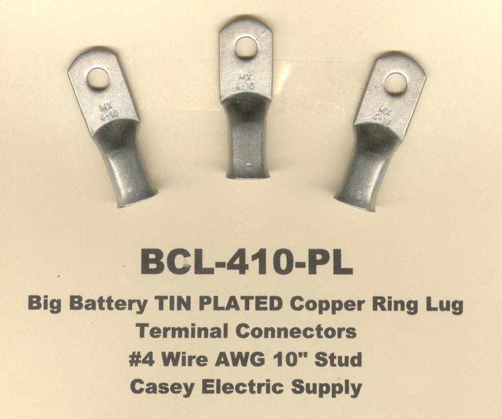 20 TIN PLATED Big Copper Lug Ring Terminal Connectors #4 Wire Gauge #10 Stud