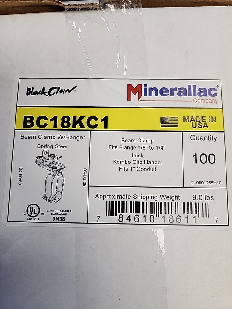 MINERALLAC BC18KC1, Hammer On Beam Clamp and Closed Conduit Clip Assembly, 100pc