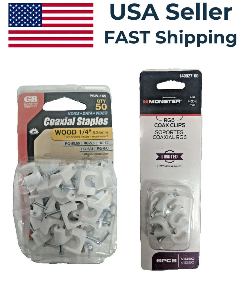 2 Pack White Coaxial Staples – Gardner Bender 50 pc & Monster 6 pc (56 total)