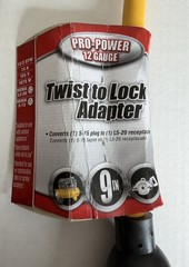Twist-to-Lock Cord Adapter 9″ 12/3 STW Yellow 15A 125V Plug to L5-20R Generator