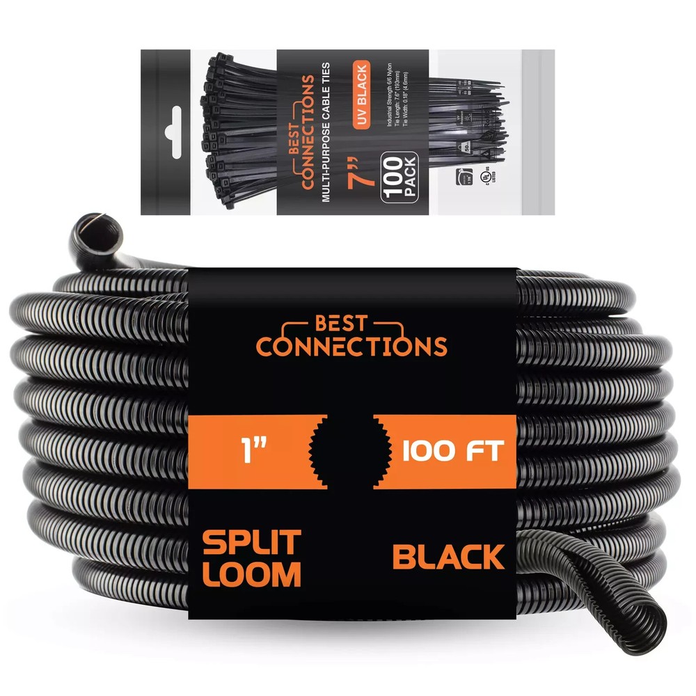 100 Ft 1″ Split Wire Loom Tubing with 7″ Nylon Cable Zip Ties 100 Pieces