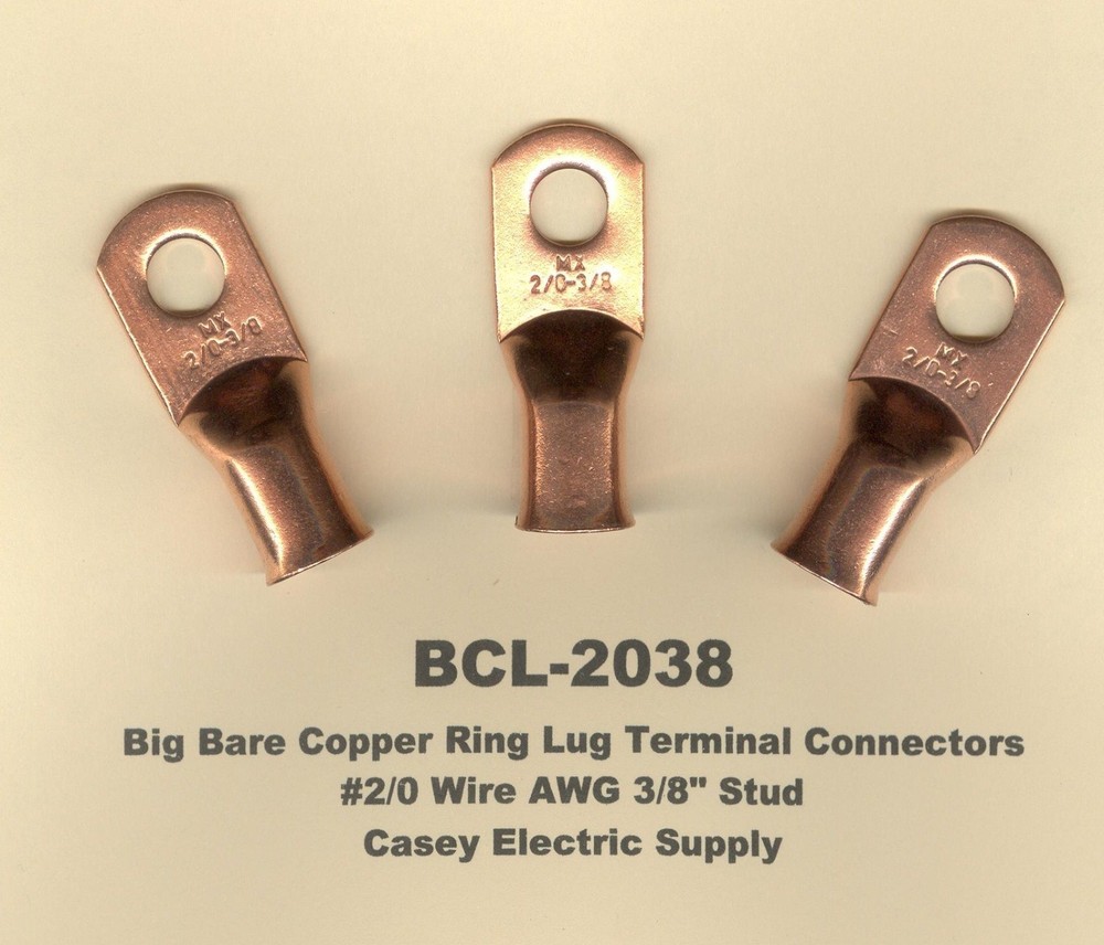 5 Bare Battery COPPER Ring Terminal Connectors #2/0 Wire Gauge AWG 3/8″ Stud USA